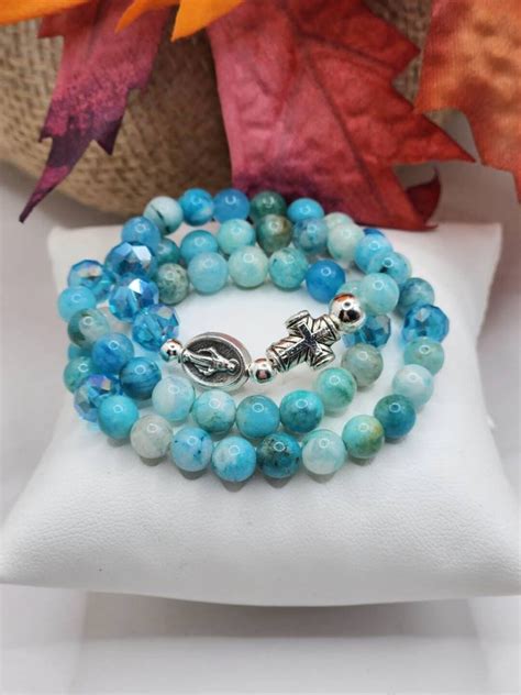 Rosary Wrap Stretch Bracelet Natural Blue Hemimorphite Miraculous