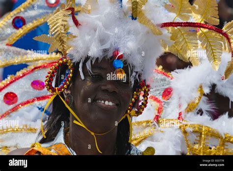 Dancer Wearing Costume At Carnival Parade Georgetown Guyana Stock