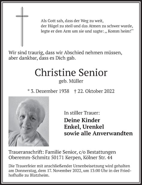 Traueranzeigen Von Christine Senior WirTrauern