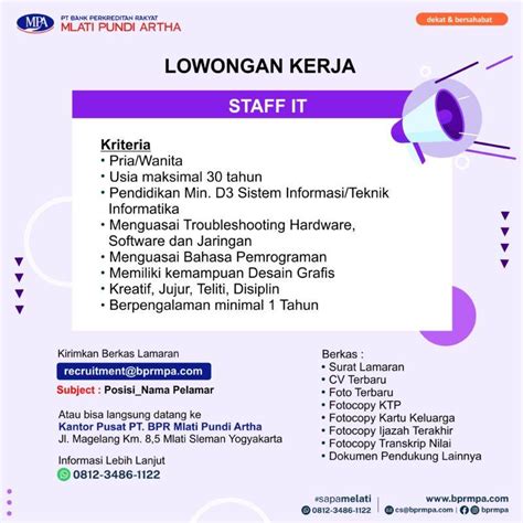 Lowongan Kerja Staff IT Di PT BPR Mlati Pundi Artha LokerJogja ID