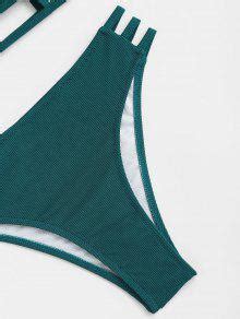 Zaful Ribbed Ladder Cutout Cheeky Bikini Swimwear In Deep Green Zaful