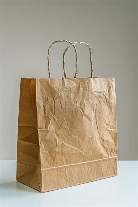 Crumpled Brown Paper Bag Standing On A Neutral Background With Copy