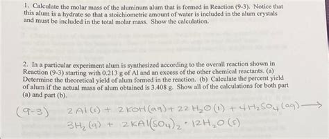 Solved 1 Calculate The Molar Mass Of The Aluminum Alum That Chegg