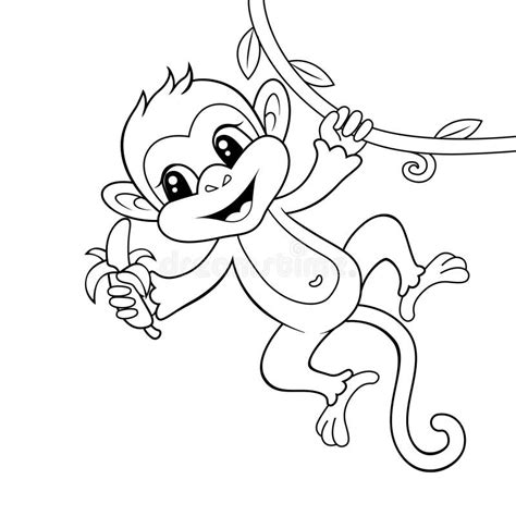 Cute Monkey with Banana. Black and White Vector Illustration for ...