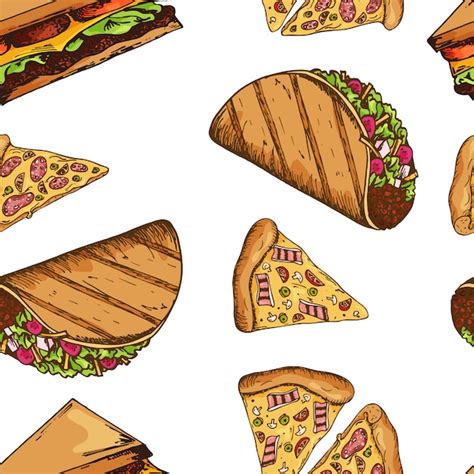 Wzór Fast Food Z Taco I Pizzą Ręcznie Rysować Retro Ilustracji