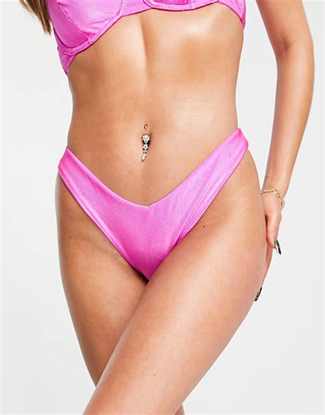 Asos Design Mix And Match Mirror Satin Rib V Front High Leg Hipster Bikini Bottom In Bright Pink