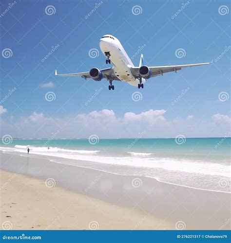 White An Air Plane Fly Over The Sandy Beach And Blue Sea Sundy Day