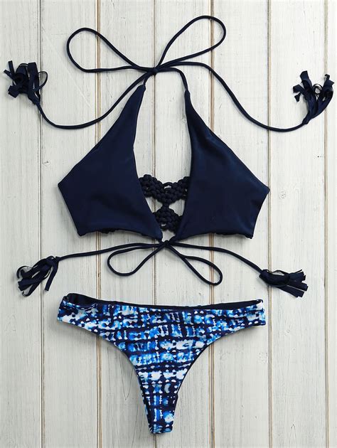 Print Halter Self Tie Bikini Set DEEP BLUE Bikinis Tie Bikini Set