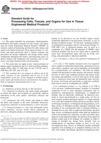 ASTM F2210 02 2010 Standard Guide For Processing Cells Tissues And