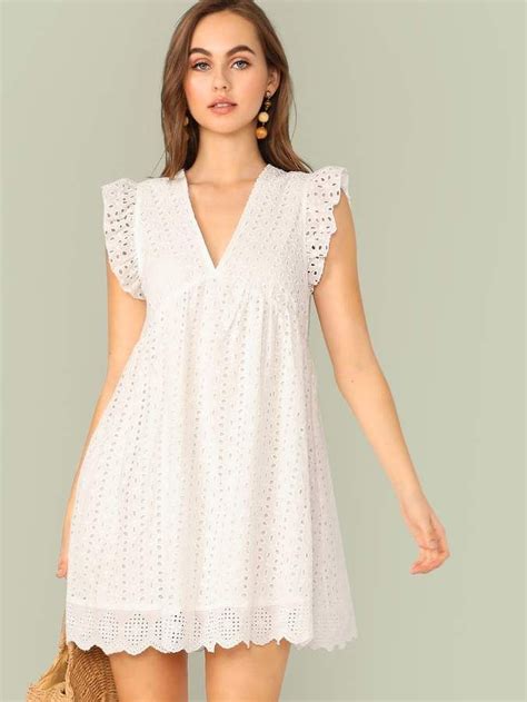 SHEIN Ruffle Armhole Eyelet Embroidered Smock Dress Dress Smock