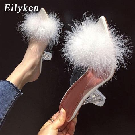 Eilyken New Pvc Shoes Woman Feather Transparent High Heels Fur