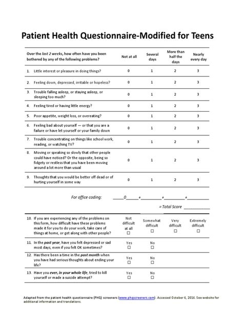 Phq 9 Modified For Teens Major Depressive Disorder Earth And Life Sciences