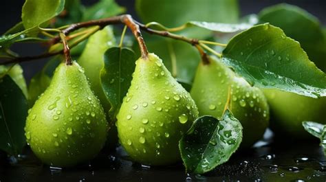 Premium Photo Fresh Pear Fruit With Water Droplets On Branch In Soft