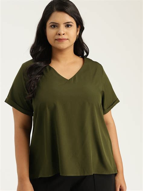 Buy Sztori Plus Size Women Olive Green Solid A Line Top Tops For