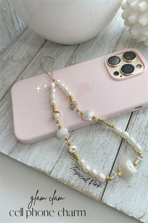 Glam Clam Golden Beach Themed Cell Phone Charm Freshwater Pearls Gold