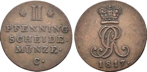 Braunschweig Calenberg Hannover 2 Pfennig 1817 C Georg III 1760 1820