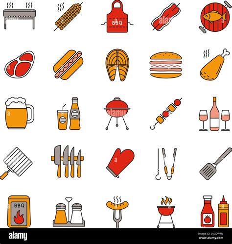 Barbecue Color Icons Set Bbq Barbeque Grills Food Drinks Kitchen