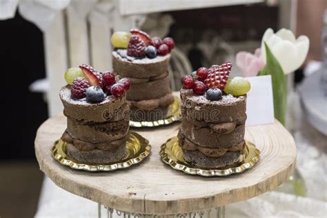 Small Naked Cakes With Chocolate Layers And Fruits Stock Photo Image Of Sweet Celebration