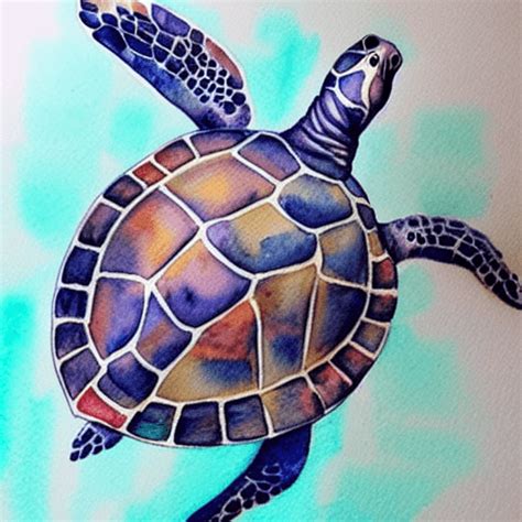 Realistic Watercolor Drawing Of A Full Body Sea Turtle In The Style Of