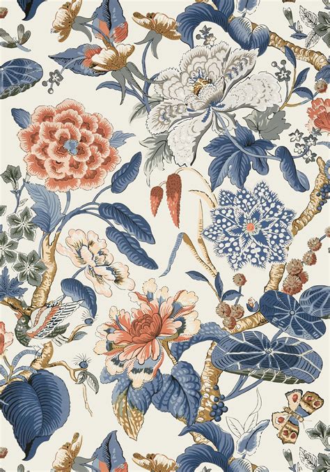 T13655 Hill Garden Wallpaper Brick And Navy From The Thibaut Grand