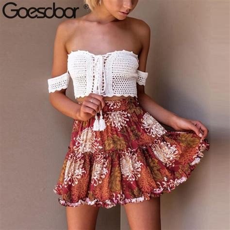 Goesdoor Boho Floral Print Mini Skirt Elastic Waist Tiered Ruffles