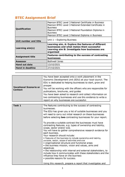 Unit Exploring Business Assignment Of Btec Assignment Brief