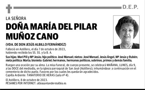 DOÑA MARÍA DEL PILAR MUÑOZ CANO Esquela Necrológica El Diario Montañés