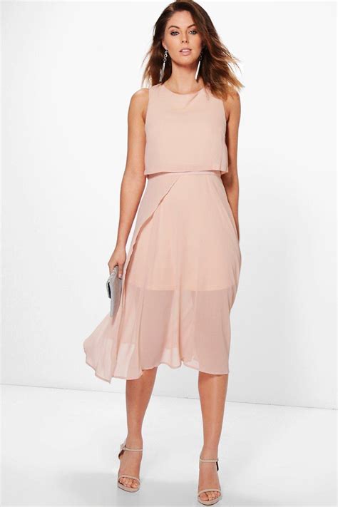 Boohoo Chiffon Double Layer Midi Skater Dress In Pink Lyst