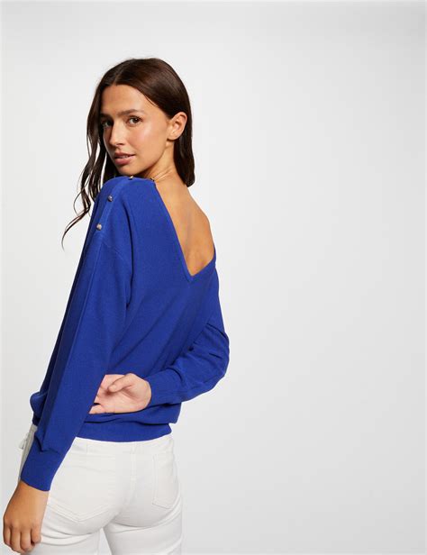 Pull Manches Longues Dos En V Bleu Electrique Femme Morgan