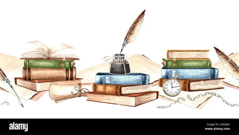 Book Stacks With Pocket Watch And Writing Supplies Inkwell Feather