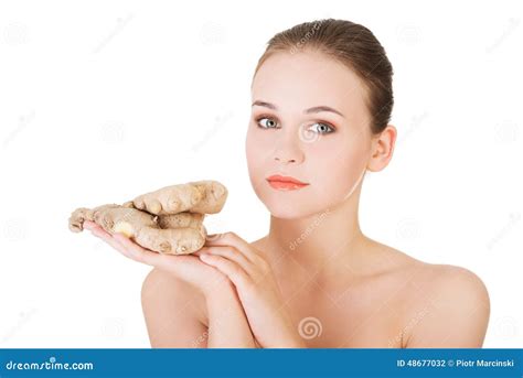 Portrait Of Nude Woman Holding Raw Ginger Stock Photo Image Of Aroma Care