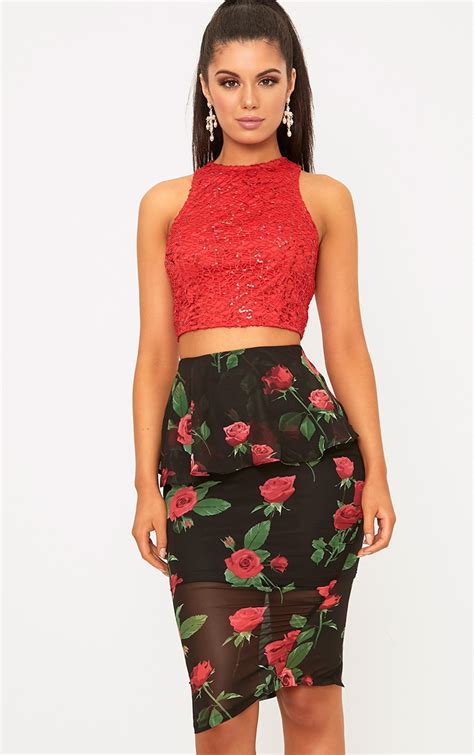 Adreana Red Sequin Lace Crop Top Tops Prettylittlething Usa