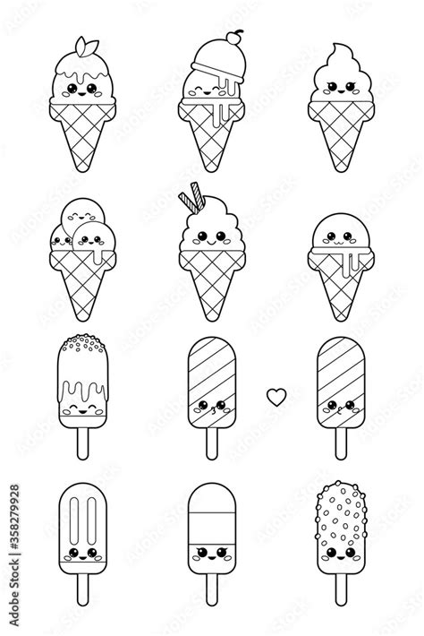 Set Of Cute Kawaii Ice Cream With Faces Coloring Page Or Book For