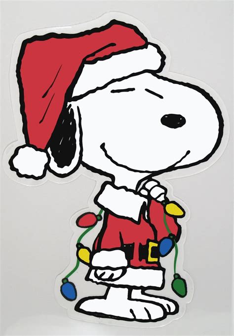 a snoopy christmas sticker with a red santa hat and lights on it's chest