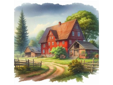 A Rustic Farmhouse With A Red Barn Graphic By A I Illustration And