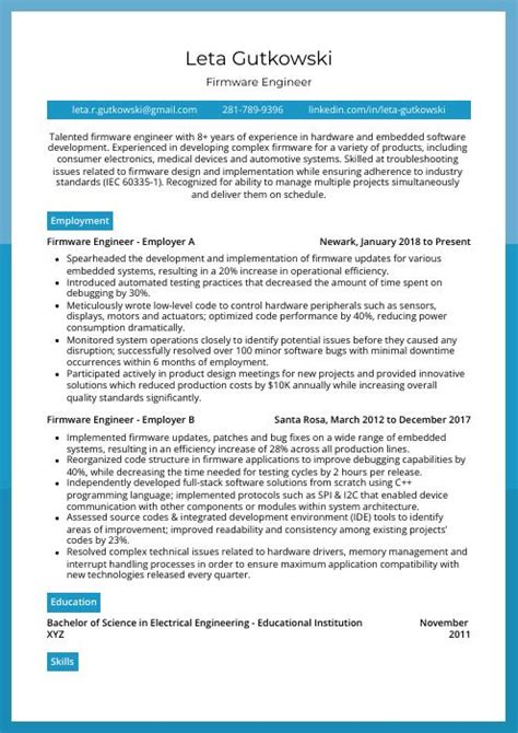 Firmware Engineer Resume (CV) Example and Writing Guide