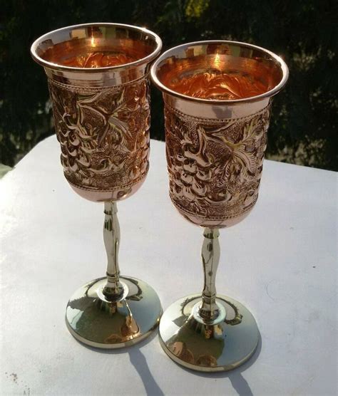 Gift Pure Copper Wine Goblet Unique Chalice Glass Cup Embossed Set 2