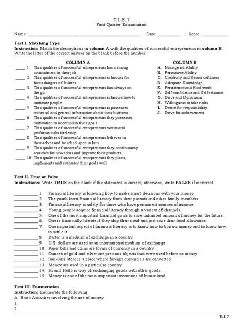 TLE 7 First Quarter Exams | PDF | Money | Entrepreneurship