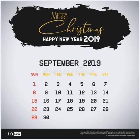 September 2019 New Year Calendar Template. Brush Stroke Header ...