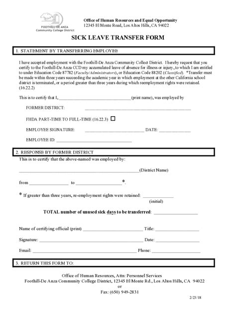 Fillable Online Hr Fhda Edu Sick Leave Transfer Form Fillablesick Leave