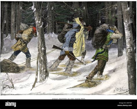 Native American Trappers Carrying Furs On Snowshoes In A Forest Of