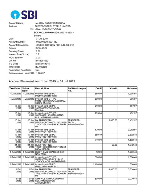 Account Statement From 1 Jan 2019 To 31 Jul 2019 Txn Date Value Date Description Ref Nocheque