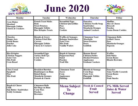 Daycare Lunch Menu