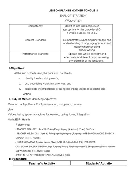 Detailed Lesson Plan In Mother Tongue Iii Educ Final Dlp Lesson