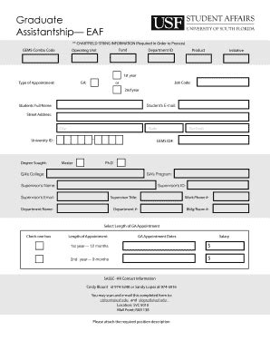 Fillable Online Sa Usf Graduate Assistantship EAF PDF USF Student