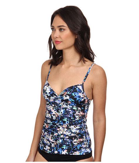 Badgley Mischka Floriana Shirred Underwire Tankini Swim Top Multi Sz 4