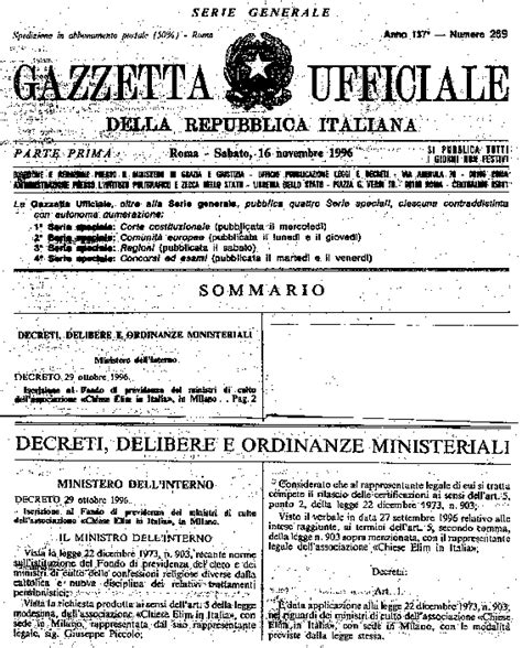 Chiese Elim Italia Decreto Gazzetta Ufficiale