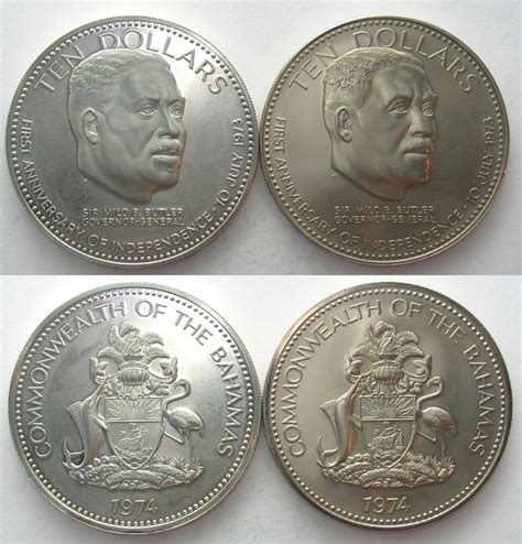 BAHAMAS 10 Dollars 1974 UNABHÄNGIGKEIT SIR MILO B BUTLER Silber Ku