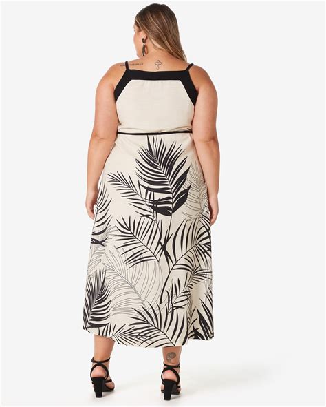 Riachuelo Vestido Longo Plus Size Feminino Evasê Alça Fina Folhagem