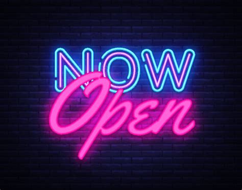 Now Open neon text vector design template. Now Open neon logo, light ...